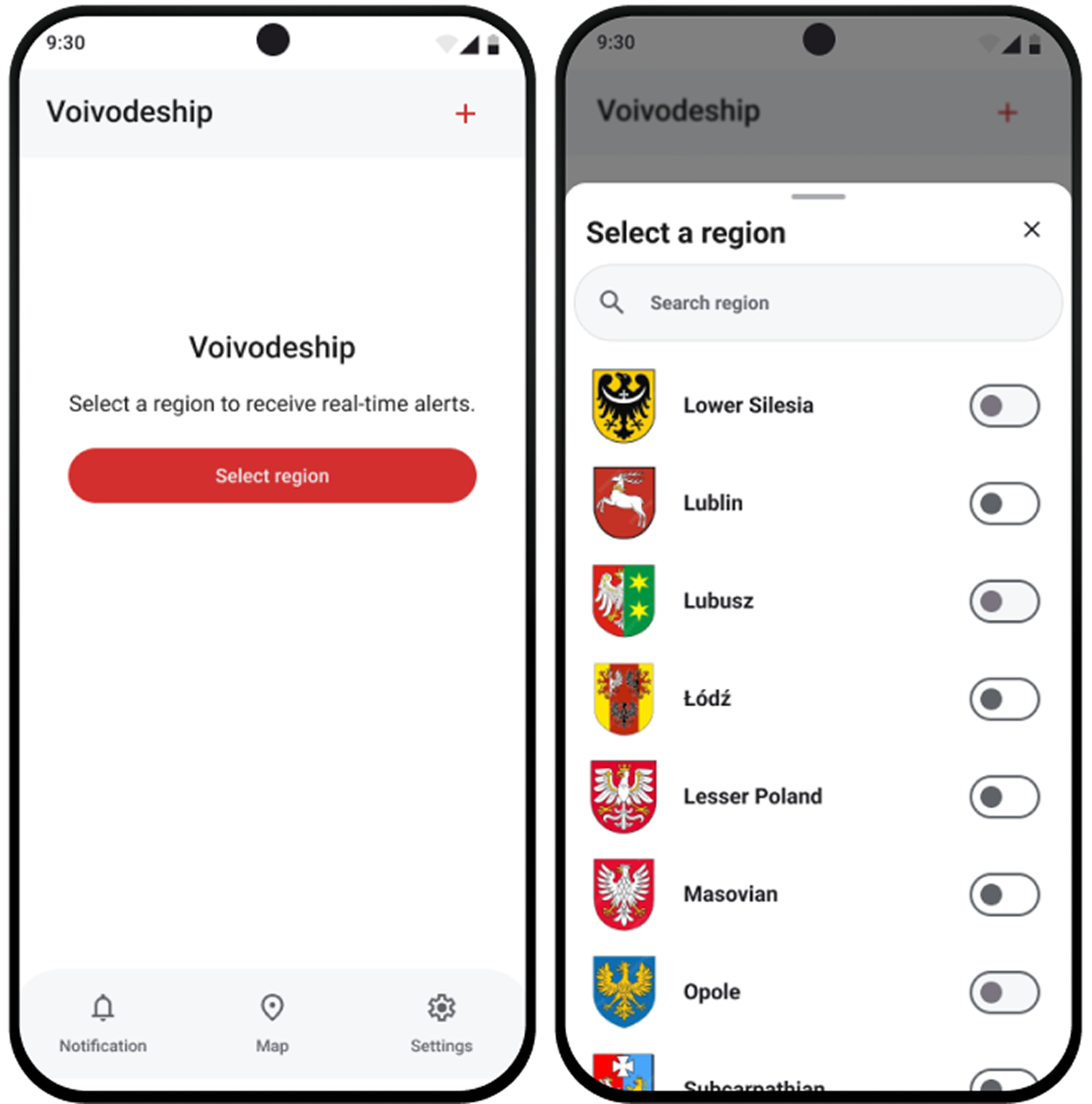AlertyPL — app screen with air alert map